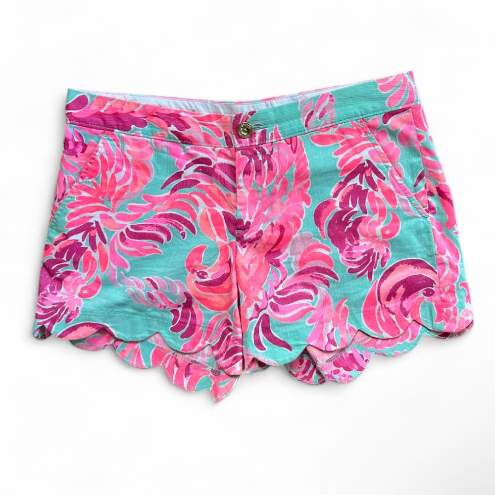 LILLY PULITZER The Buttercup Short Party Wave Scallop Hem Pink Teal Floral | 2